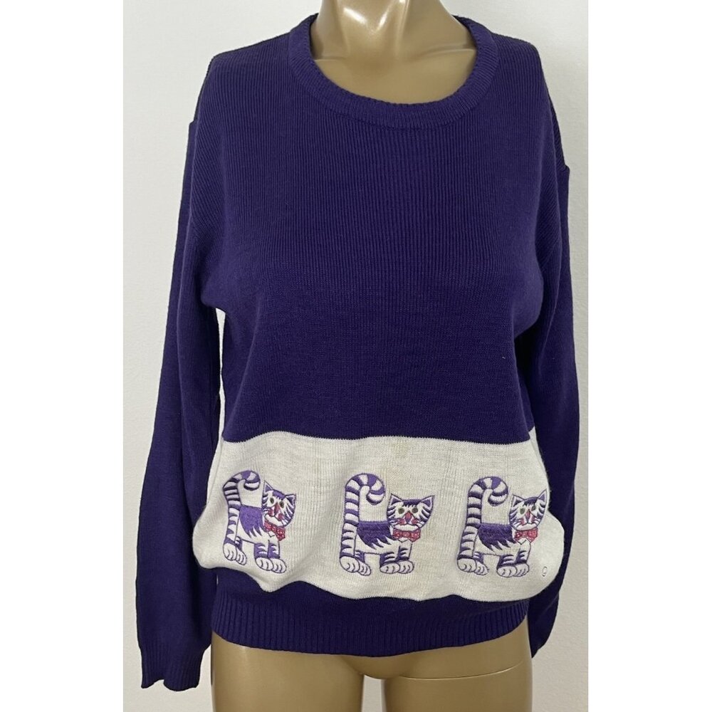 Vintage Cyn Les Shirlee Designs Women's M Purple Acrylic Kitty Cat Sweater